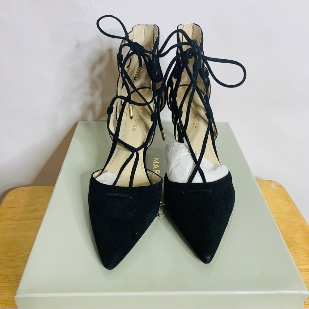 Marc Fisher Black Lace Up Heels Strappy Cage Pointed Toe Stiletto